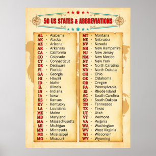 ★ 50 US States & Abbreviations Retro Vintage U.S Poster