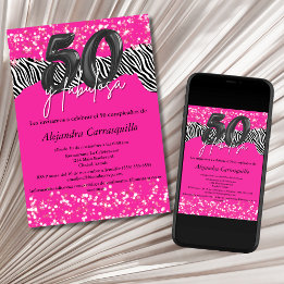 50 y Fabulosa Hot Pink Zebra Spanish 50th Birthday Invitation