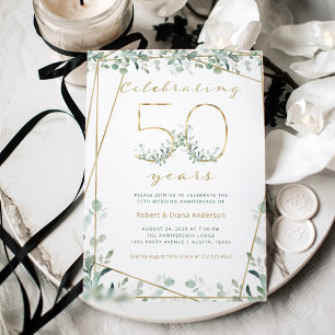 50 Year Anniversary   Gold Greenery and Photo Invitation