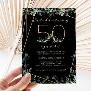 50 Year Anniversary   Gold Greenery and Photo Invitation