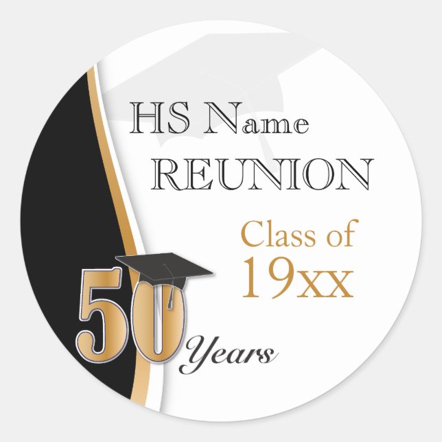50 Year Class Reunion in Gold and Black Classic Round Sticker (Front)