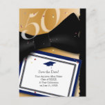 50 Year Class Reunion Save the Date BLUE Announcement Postcard<br><div class="desc">This elegant gold and black bow tie Save the Date Postcard is an announcement that will make a classy statement!  There is a beautiful dark blue accent colour for the mortar board and the border of the little card.</div>