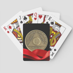 50 Year Sober Recovery Anniversary Coin Red Ribbon Playing Cards