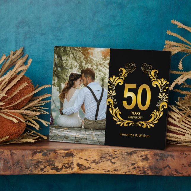 50 Years Gold Glitter Anniversary Photo Plaque (Side)
