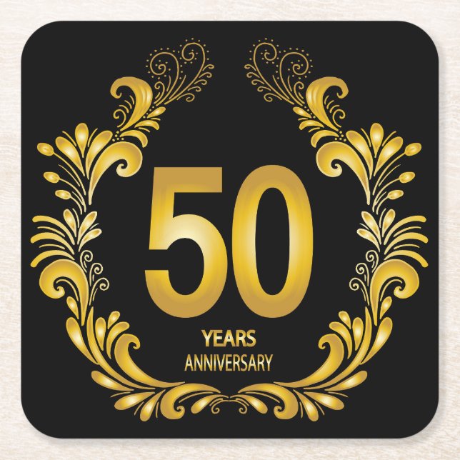 50 Years Gold Glitter Anniversary Square Paper Coaster (Front)