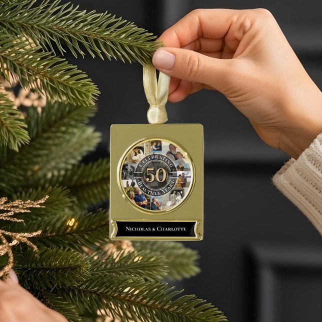 50 Years Golden Anniversary Infinity Photo Collage Gold Plated Banner Ornament (50 Years Golden Anniversary Infinity Photo Collage Gold Plated Banner Ornament)