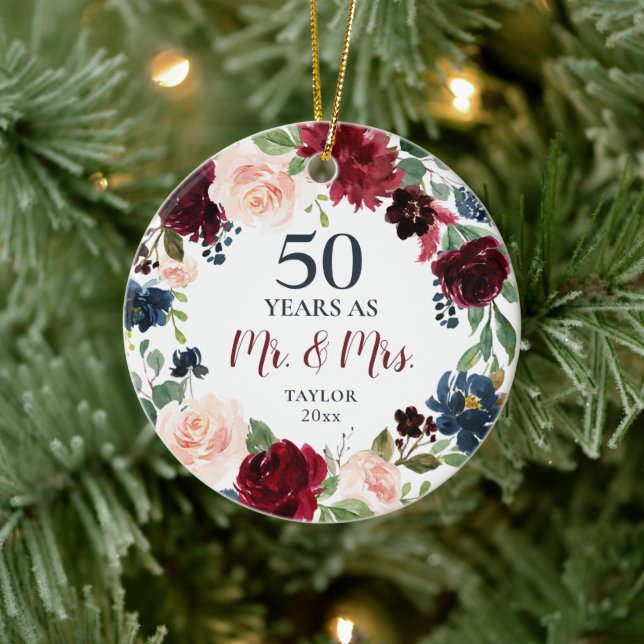 50 Years Married Personalised Anniversary Floral Ceramic Ornament (Tree)