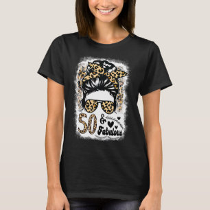 50 Years Old Fabulous Messy Bun Afro Leopard 50th  T-Shirt