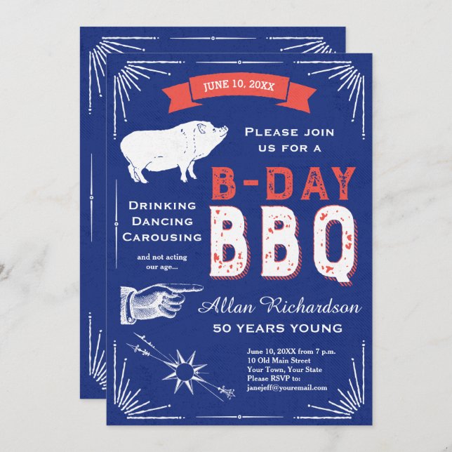 50 Years Young Retro Red White and Blue BBQ Party Invitation (Front/Back)
