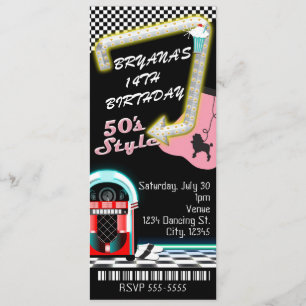 50's 1950's Style Theme Birthday Party Ticket Invitation