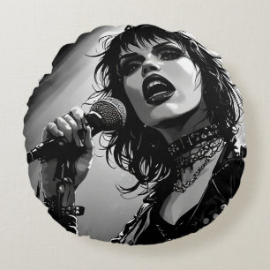 50s BW Graphic Comic Style Goth Punk Singer Round Cushion