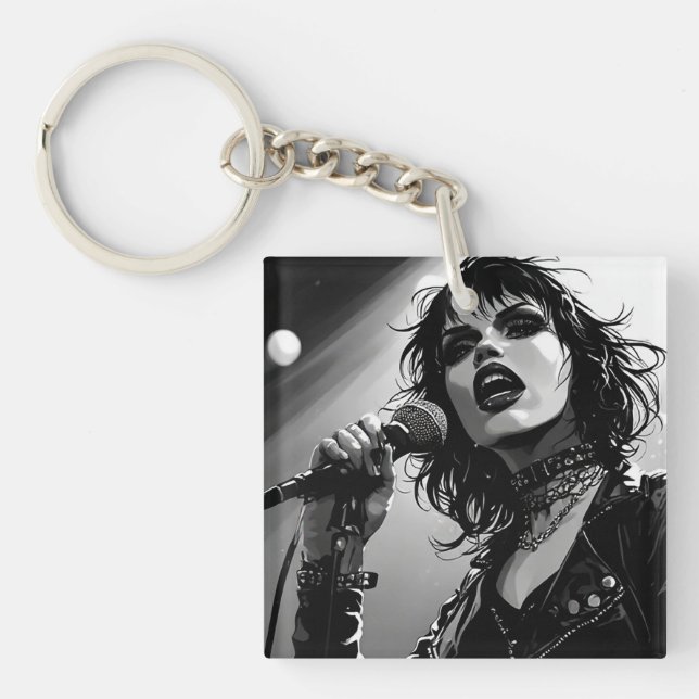 50s BW Graphic Comic Style Goth Punk Singers Key Ring (Front)