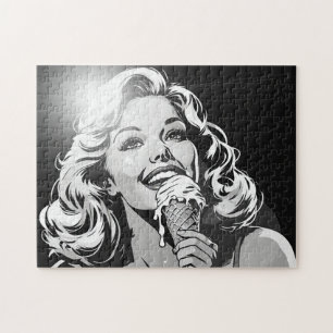 50s BW Graphic Comic Style Ice Cream Blonde Jigsaw Puzzle