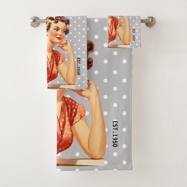 50s Pretty lady Retro polka dots Grey Bath Towel Set (Insitu)