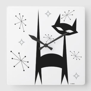 50's Retro Black Cat White Pop Art Clock