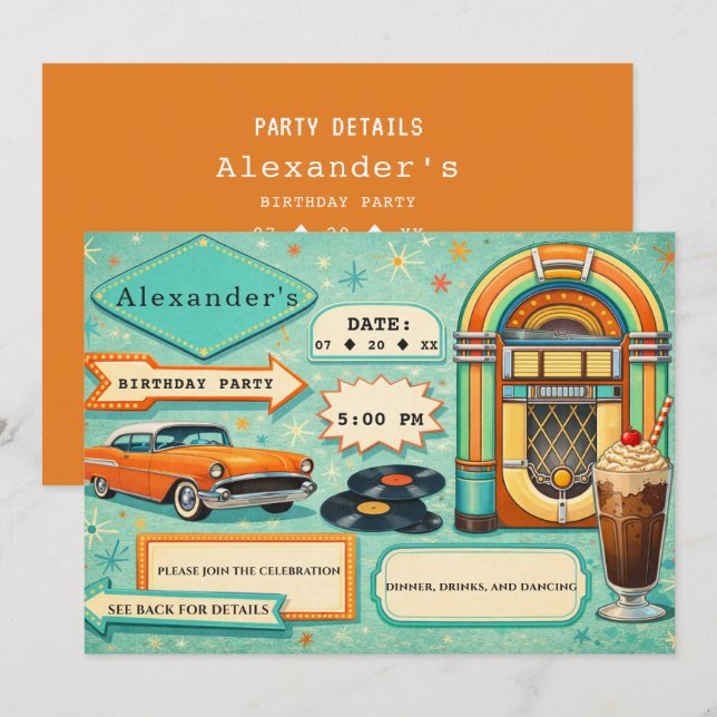 50's Retro Turquoise & Orange Birthday Invitation (Front/Back)