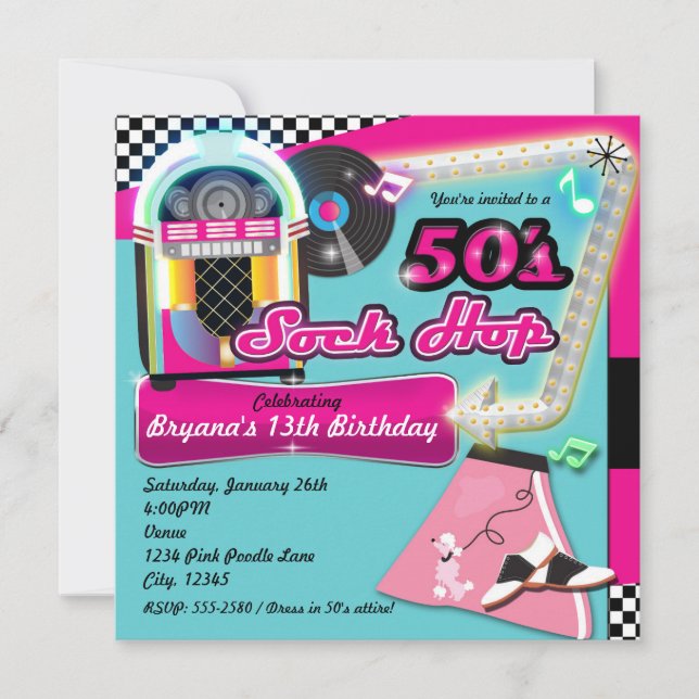 50's SOCK HOP Birthday Party Retro Invitation (Front)