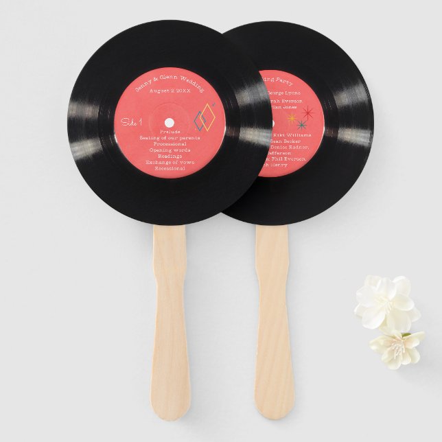 50s-style Vinyl Record Wedding Program Hand Fan (Front and Back)