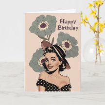 50s Vintage Retro pinup woman & flowers, Birthday 