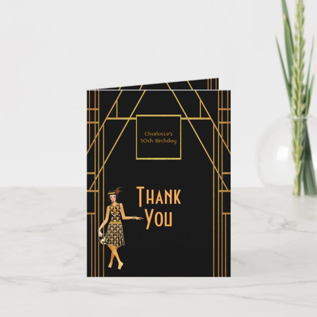 50th 1920's Birthday black gold Photo Thank you Card (Front)