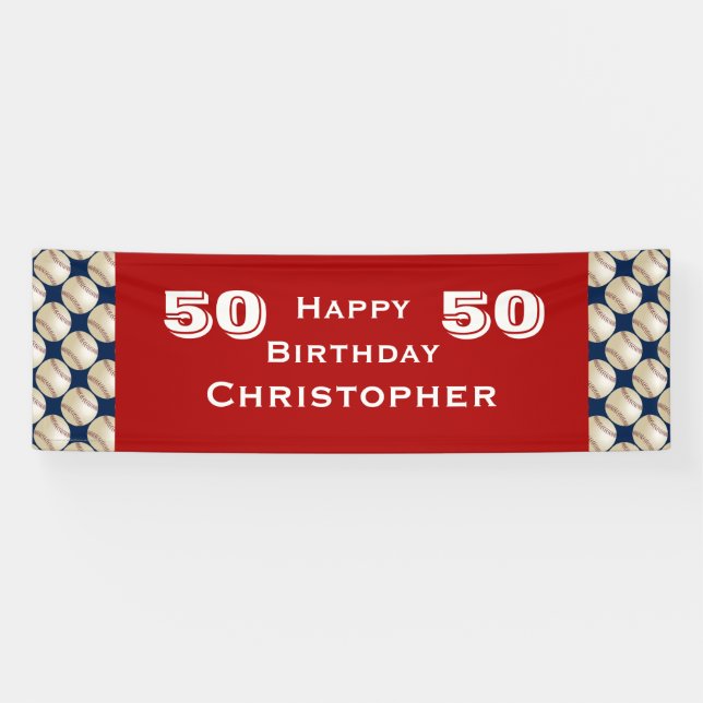 50th, 55th Birthday Party Baseball, Name, Red Banner (Horizontal)
