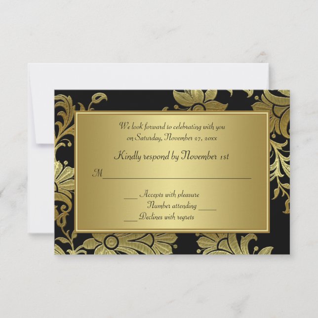 50th Anniversary Black and Gold Floral RSVP Card (Front)