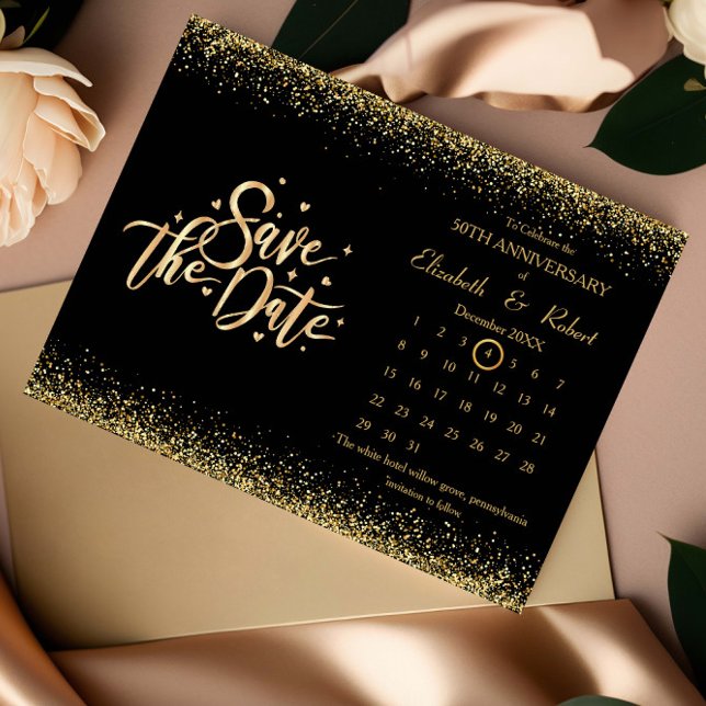 50th Anniversary Black & Glitter The Date Calendar Announcement Postcard (Creator Uploaded)