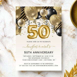 50th Anniversary Black Gold Balloon Arch Party Invitation