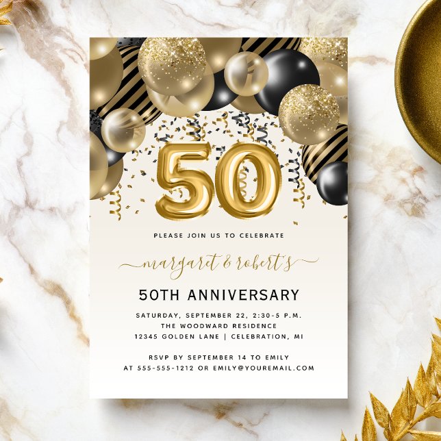 50th Anniversary Black Gold Balloon Arch Party Invitation (Creator Uploaded)