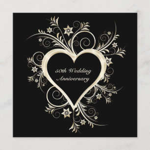 50th Anniversary Black, Gold Heart Invitation