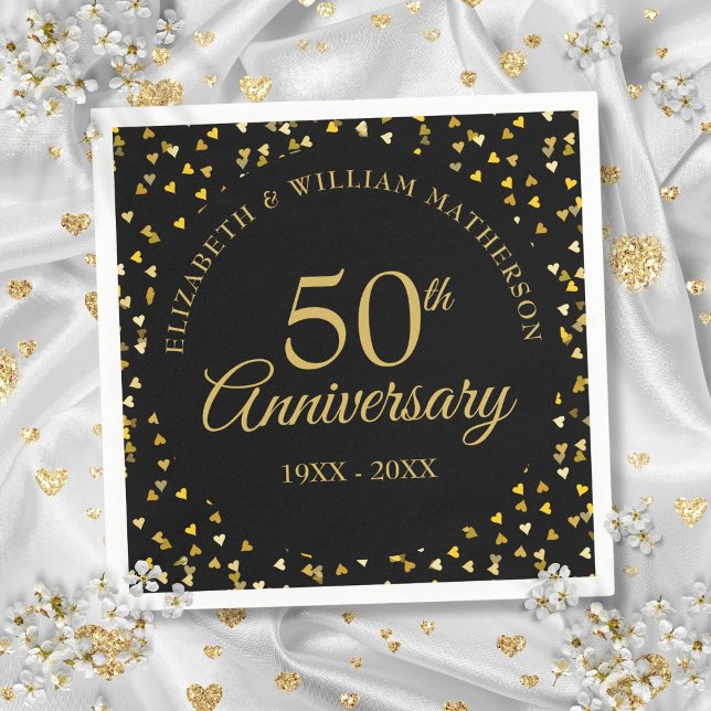 50th Anniversary Black Gold Love Hearts Confetti  Napkin (50th Anniversary Black Gold Love Hearts Confetti Napkins)