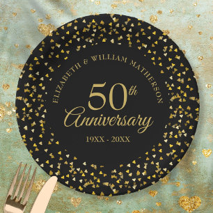50th Anniversary Black Gold Love Hearts Confetti Paper Plate