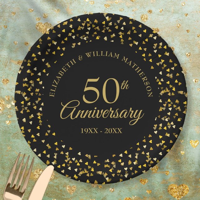 50th Anniversary Black Gold Love Hearts Confetti  Paper Plate (Creator Uploaded)