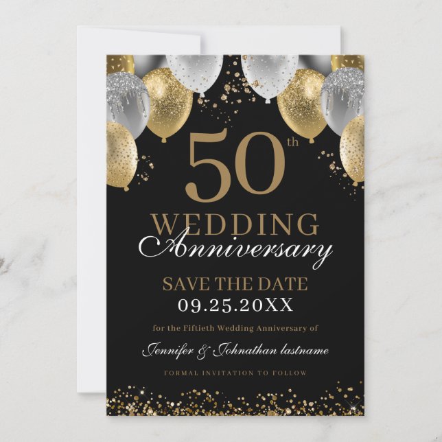 50th Anniversary Black Gold Save the Date Invitation (Front)