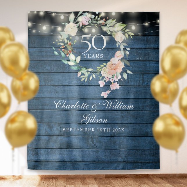 50th Anniversary Blue Rustic Floral Photo Backdrop Tapestry (50th Anniversary Blue Rustic Floral Photo Backdrop)