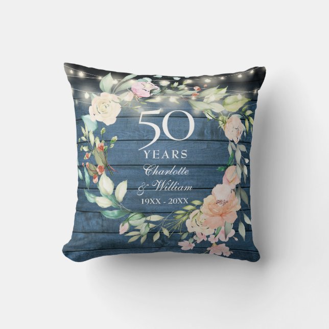 50th Anniversary Blue Rustic Floral String Lights Cushion (Front)
