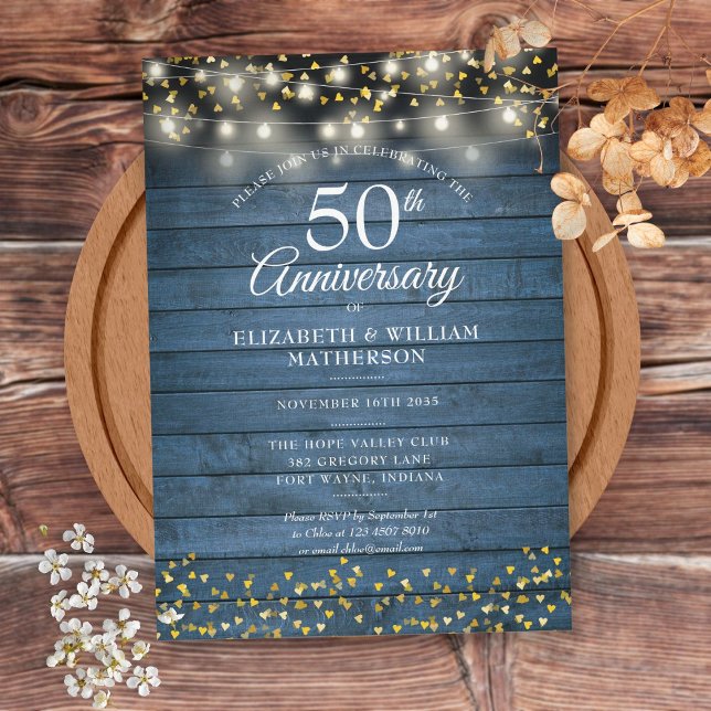 50th Anniversary Blue Rustic Wood Gold Hearts Invitation (Creator Uploaded)