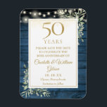 50th Anniversary Blue Rustic Wood Save The Date Magnet<br><div class="desc">Featuring delicate watercolor country garden greenery and pretty string lights on a blue wood panels background,  this chic rustic save-the-date anniversary invitation can be personalised with your special 50 years anniversary celebration information. Designed by Thisisnotme©</div>