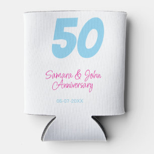 50th anniversary bold blue pink name date elegant can cooler