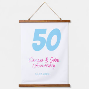 50th anniversary bold blue pink name date elegant  hanging tapestry