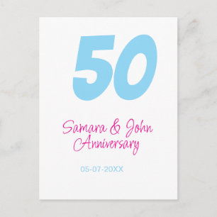 50th anniversary bold blue pink name date elegant postcard