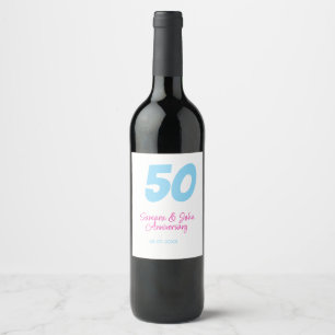 50th anniversary bold blue pink name date elegant  wine label
