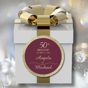 50th Anniversary Burgundy Gold Glitter Script Classic Round Sticker