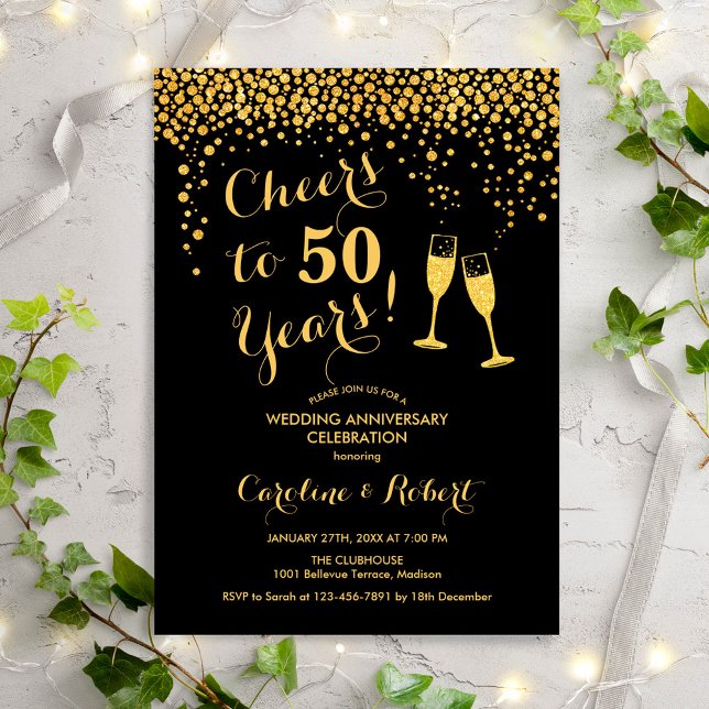 50th Anniversary - Cheers to 50 Years Gold Black Invitation (Creator Uploaded)