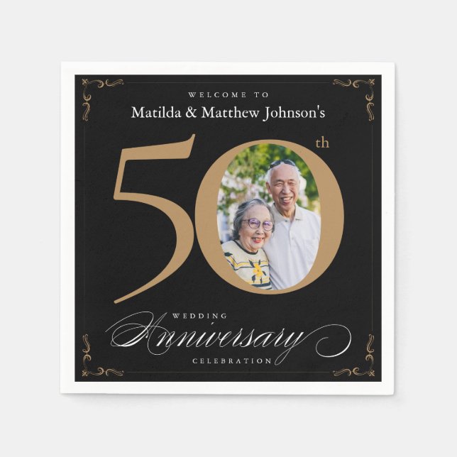 50th Anniversary Classy Black Gold Calligraphy Nap Napkin (Front)