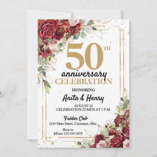 50th Anniversary Deep Red & Gold Frame Roses  Invitation