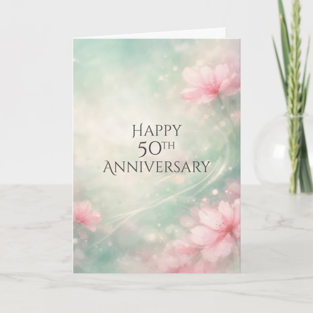 50th Anniversary Dreamy Flowers On Mint Green  Card (Front)