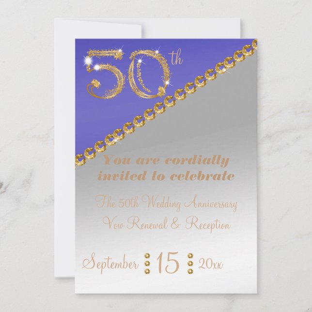 50th Anniversary elegant gold nugget & Blue Invita Invitation (Front)
