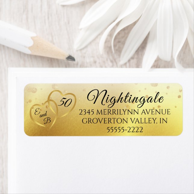 50th Anniversary Elegant Hearts Monogram Gold Return Address Label (Insitu)