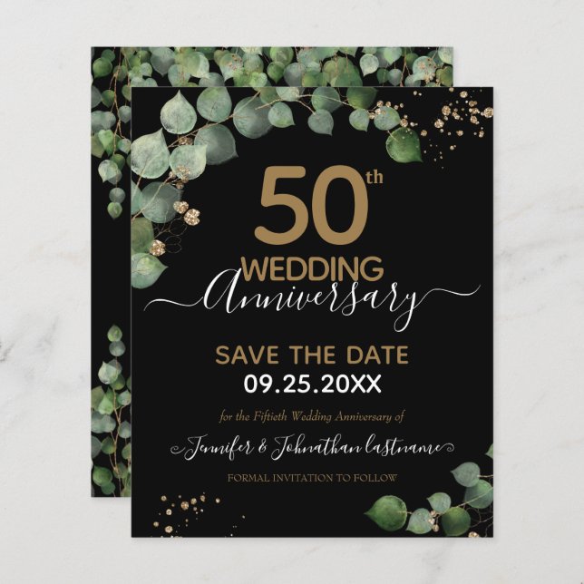 50th Anniversary Eucalyptus Save the Date Budget (Front/Back)